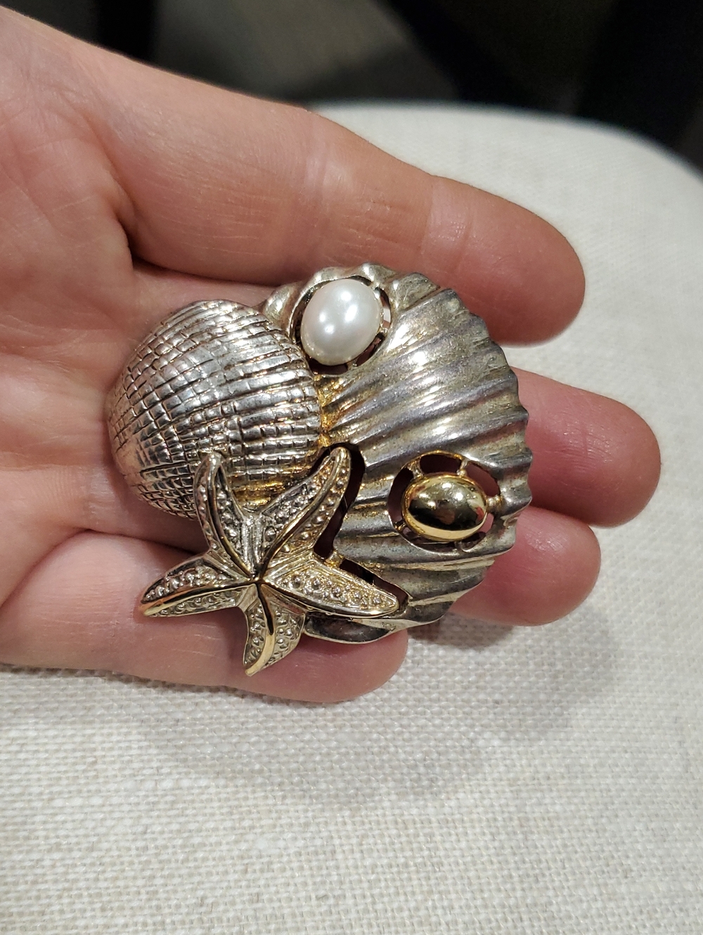 Sea-Inspired Gold & Silver Starfish Brooch with Pearl Accent